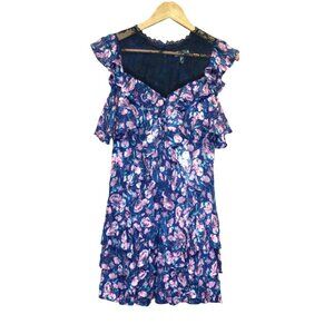 Rebecca Taylor Tea Rose Print Mini Dress Size 2 Floral Ruffle Tiered Cut Out